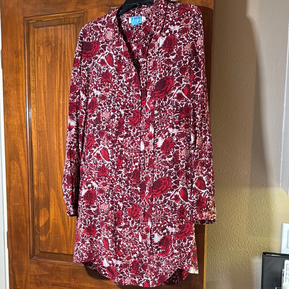 Tory Burch Red and White Long Sleeve Shirt Dress